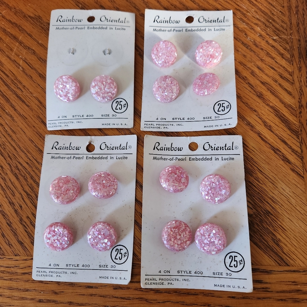 14 Rainbow Oriental 3/4" pink lucite buttons vintage on original cards